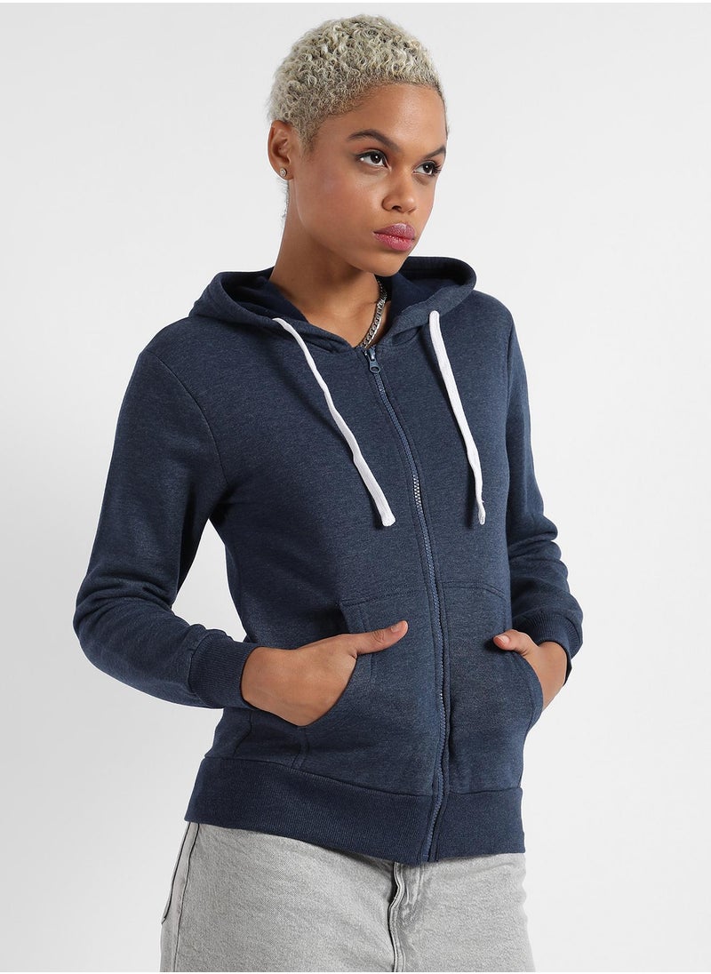 Campus Sutra Women's Zip-Front Hoodie With Contrast Drawstring