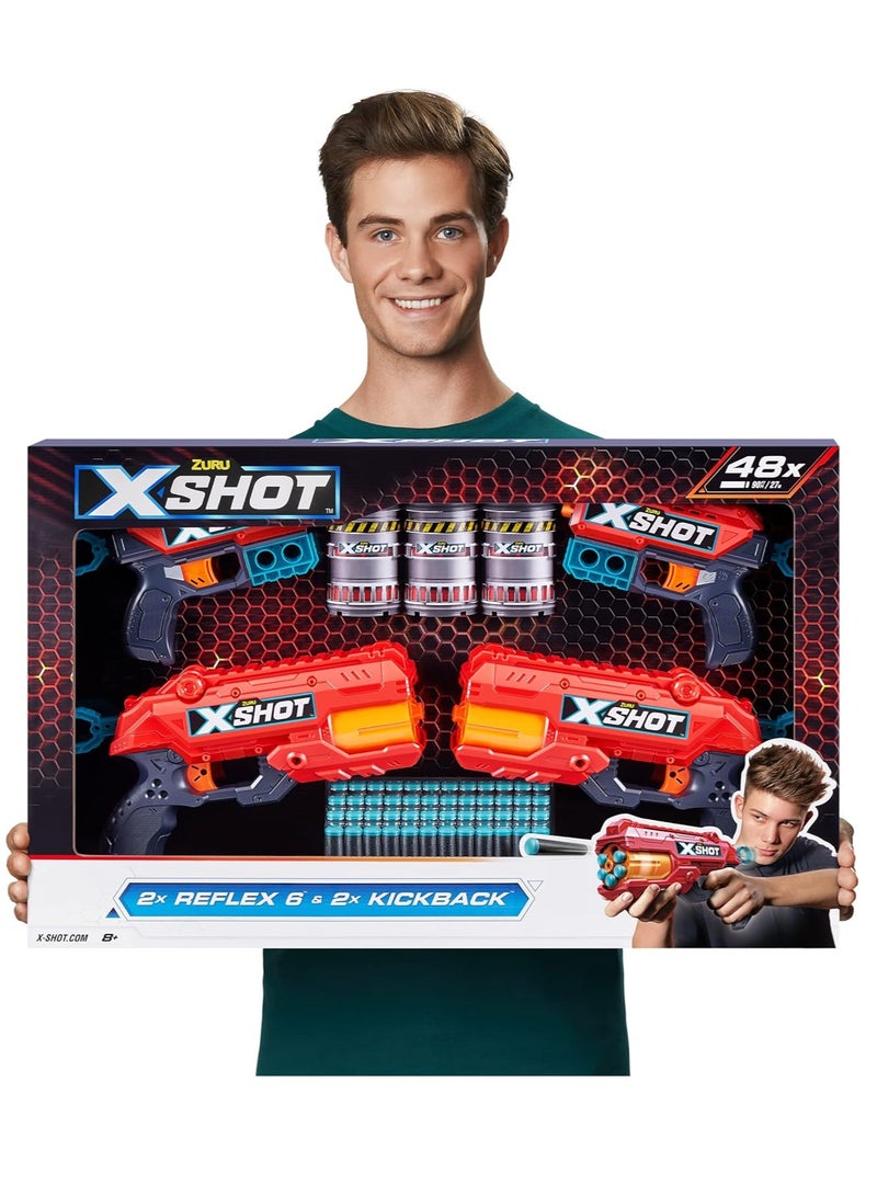 X-Shot Excel | Double Reflex 6 & Kickback Blaster Combo Pack | 48 Darts & 3 Cans | Action Aiming Game for Kids, Teens & Adults | Outdoor Activities | Ages 8+