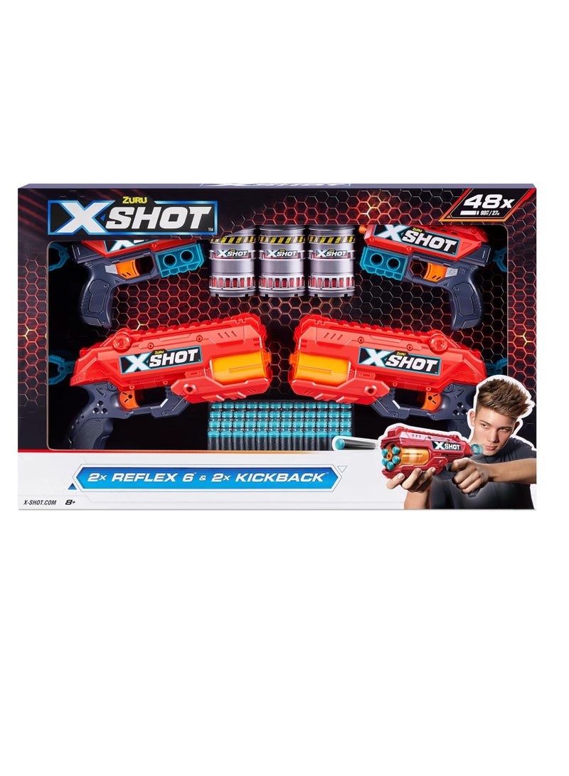 X-Shot Excel | Double Reflex 6 & Kickback Blaster Combo Pack | 48 Darts & 3 Cans | Action Aiming Game for Kids, Teens & Adults | Outdoor Activities | Ages 8+