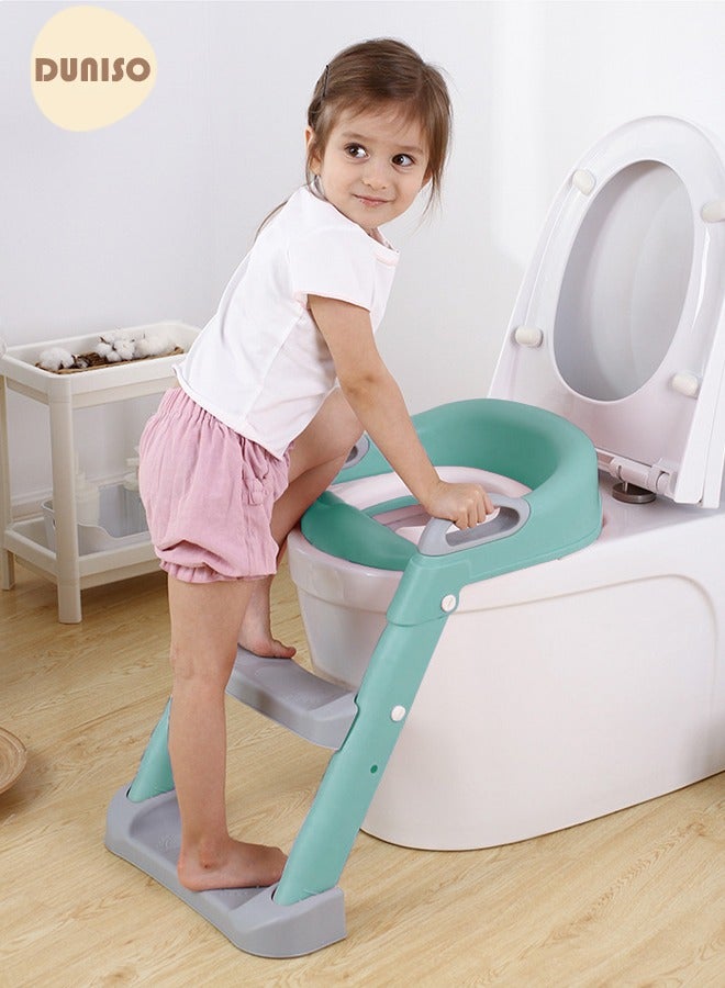 Kids' Potty Training Toilet Seat , Toddler Toilet Seat With Step Stool Ladder, Foldable Toddler Potty Seat For Toilet With Non-Slip Design, Adjustable Height For Baby Kids 2 To 5 Years Boys Girls Green