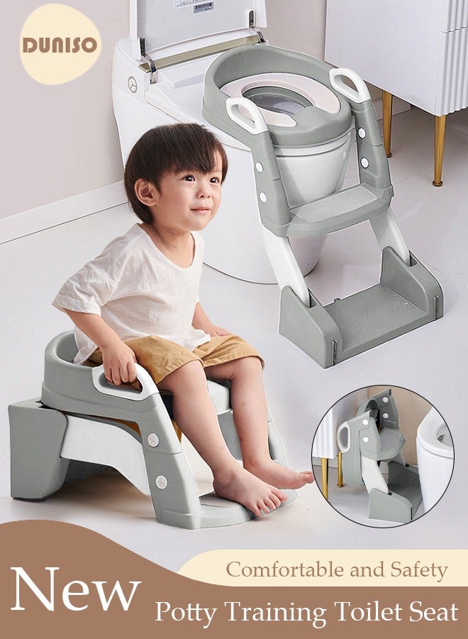 Kids' Potty Training Toilet Seat with Step Stool Ladder,Toddlers-Comfortable Safe Potty Seat with Anti-Slip Pads Folding Ladder for Boys and Girls Silver Pvc