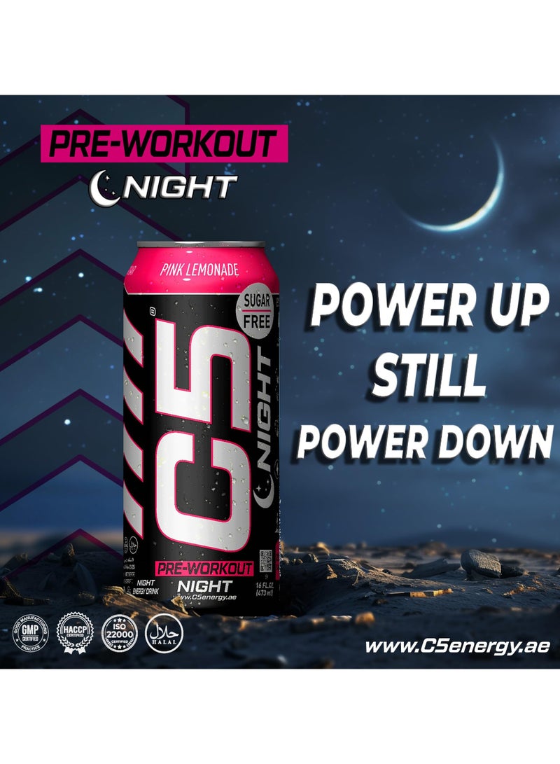 C5 Energy Drink Night Pink Lemonade, Pre Workout, Zero Caffeine, Sugar Free, Zero Calories with Beta Alanine, L-Arginine 16fl.OZ, 473ml Caffeine Free Preworkout Pack of 12