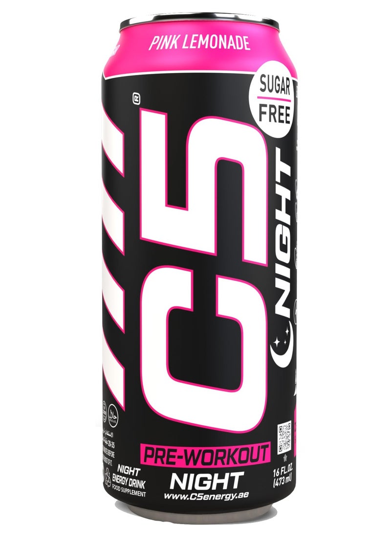 C5 Energy Drink Night Pink Lemonade, Pre Workout, Zero Caffeine, Sugar Free, Zero Calories with Beta Alanine, L-Arginine 16fl.OZ, 473ml Caffeine Free Preworkout Pack of 12