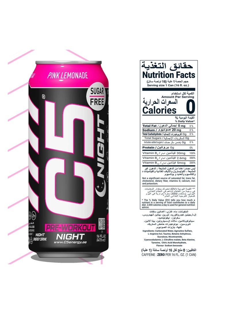 C5 Energy Drink Night Pink Lemonade, Pre Workout, Zero Caffeine, Sugar Free, Zero Calories with Beta Alanine, L-Arginine 16fl.OZ, 473ml Caffeine Free Preworkout Pack of 12