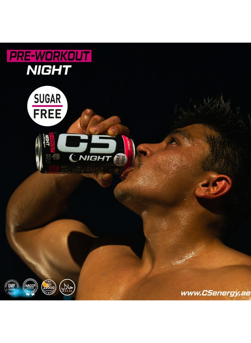 C5 Energy Drink Night Pink Lemonade, Pre Workout, Zero Caffeine, Sugar Free, Zero Calories with Beta Alanine, L-Arginine 16fl.OZ, 473ml Caffeine Free Preworkout Pack of 12