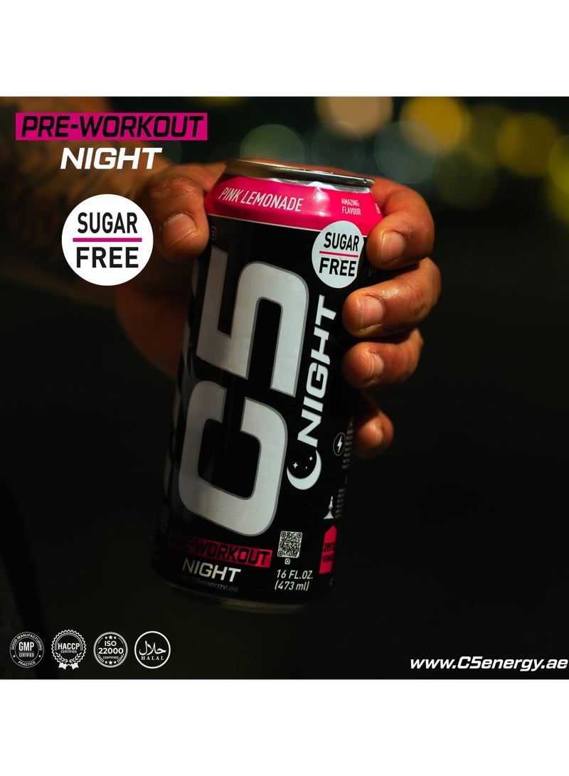 C5 Energy Drink Night Pink Lemonade, Pre Workout, Zero Caffeine, Sugar Free, Zero Calories with Beta Alanine, L-Arginine 16fl.OZ, 473ml Caffeine Free Preworkout Pack of 12