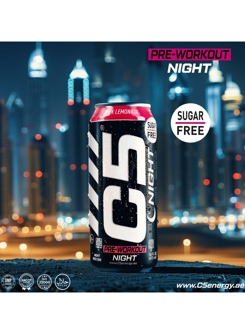 C5 Energy Drink Night Pink Lemonade, Pre Workout, Zero Caffeine, Sugar Free, Zero Calories with Beta Alanine, L-Arginine 16fl.OZ, 473ml Caffeine Free Preworkout Pack of 12