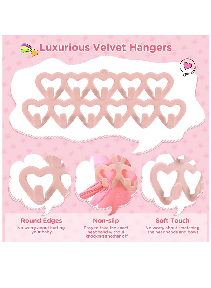 Headband Holder for Baby Girls, Headband Organizer for Baby Girls, Baby Bow Holder Organizer w/Heart-Shape Velvet Hangers, Baby Headband Holder Organizer for Door,Closet,Wall, Light Pink