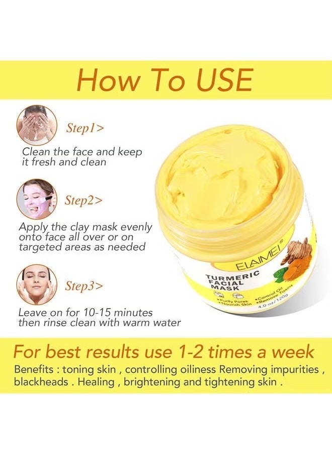 Turmeric Face Mask, Hydrating Cleansing Blackheads, Skin lightening Care Brighten, Turmeric Clay Mask For Controlling Acne, Oil And Refining Pores, Reduce Blackheads Ance, Dark Spots And Radiant Skin