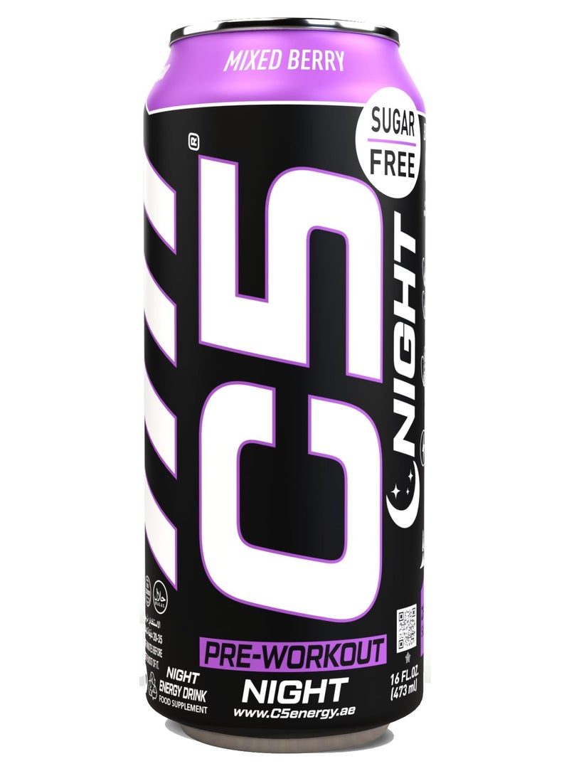 C5 Energy Drink Night Mixed Berry, Pre Workout, Zero Caffeine, Sugar Free, Zero Calories with Beta Alanine, L-Arginine 16fl.OZ, 473ml Caffeine Free Preworkout Pack of 12