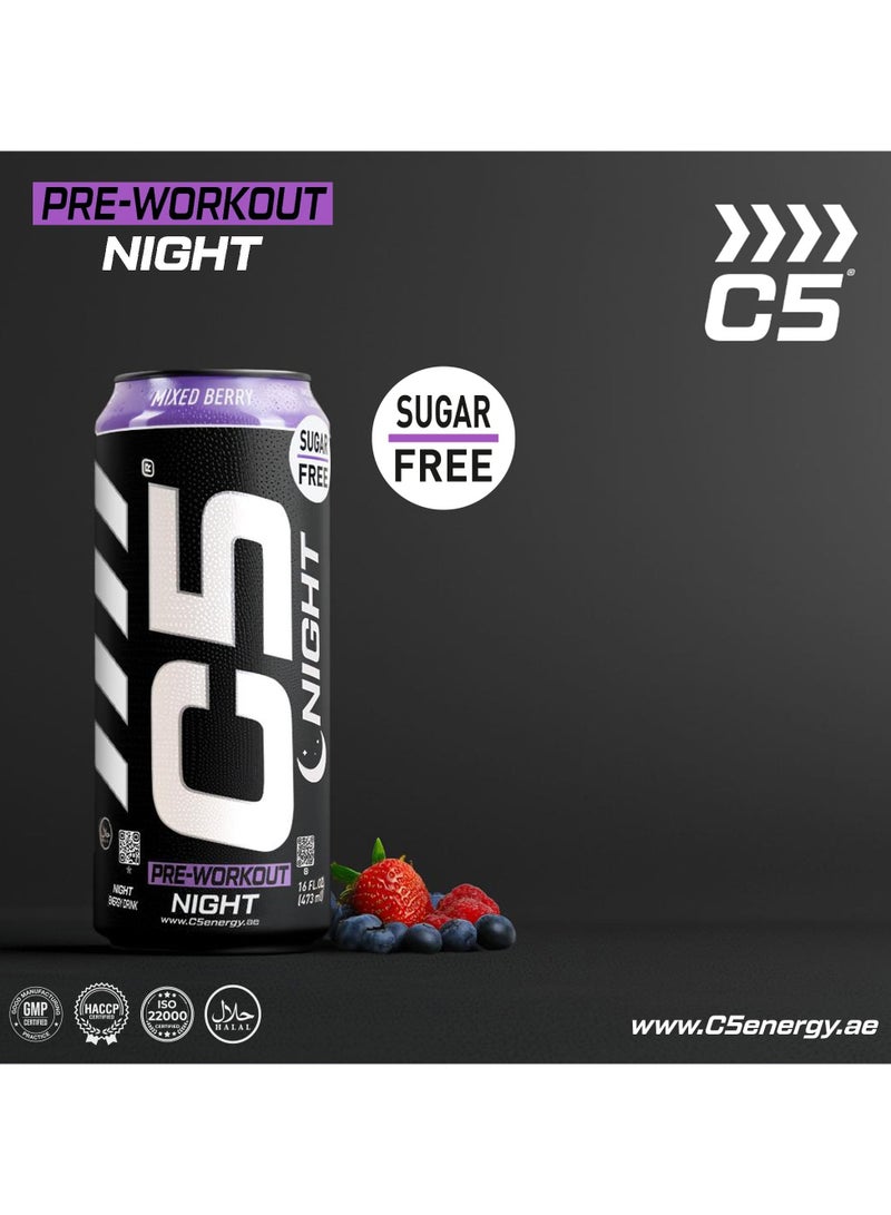 C5 Energy Drink Night Mixed Berry, Pre Workout, Zero Caffeine, Sugar Free, Zero Calories with Beta Alanine, L-Arginine 16fl.OZ, 473ml Caffeine Free Preworkout Pack of 12