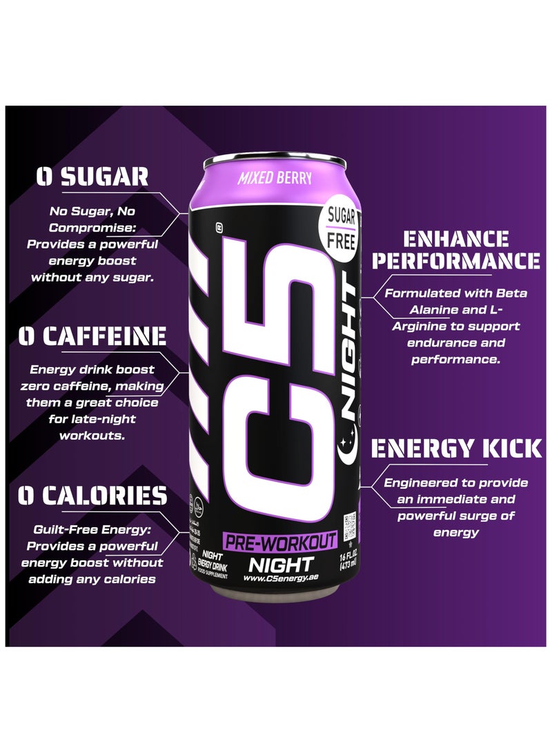 C5 Energy Drink Night Mixed Berry, Pre Workout, Zero Caffeine, Sugar Free, Zero Calories with Beta Alanine, L-Arginine 16fl.OZ, 473ml Caffeine Free Preworkout Pack of 12