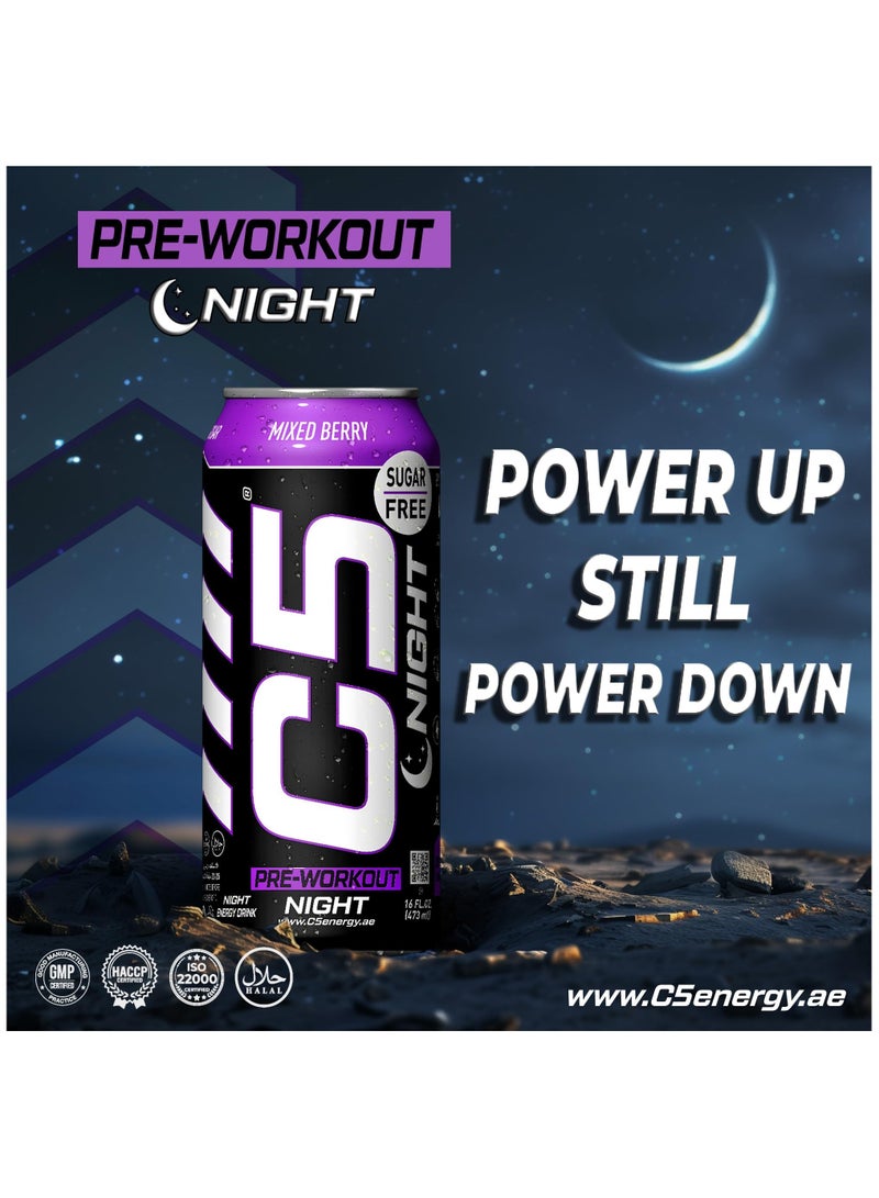 C5 Energy Drink Night Mixed Berry, Pre Workout, Zero Caffeine, Sugar Free, Zero Calories with Beta Alanine, L-Arginine 16fl.OZ, 473ml Caffeine Free Preworkout Pack of 12
