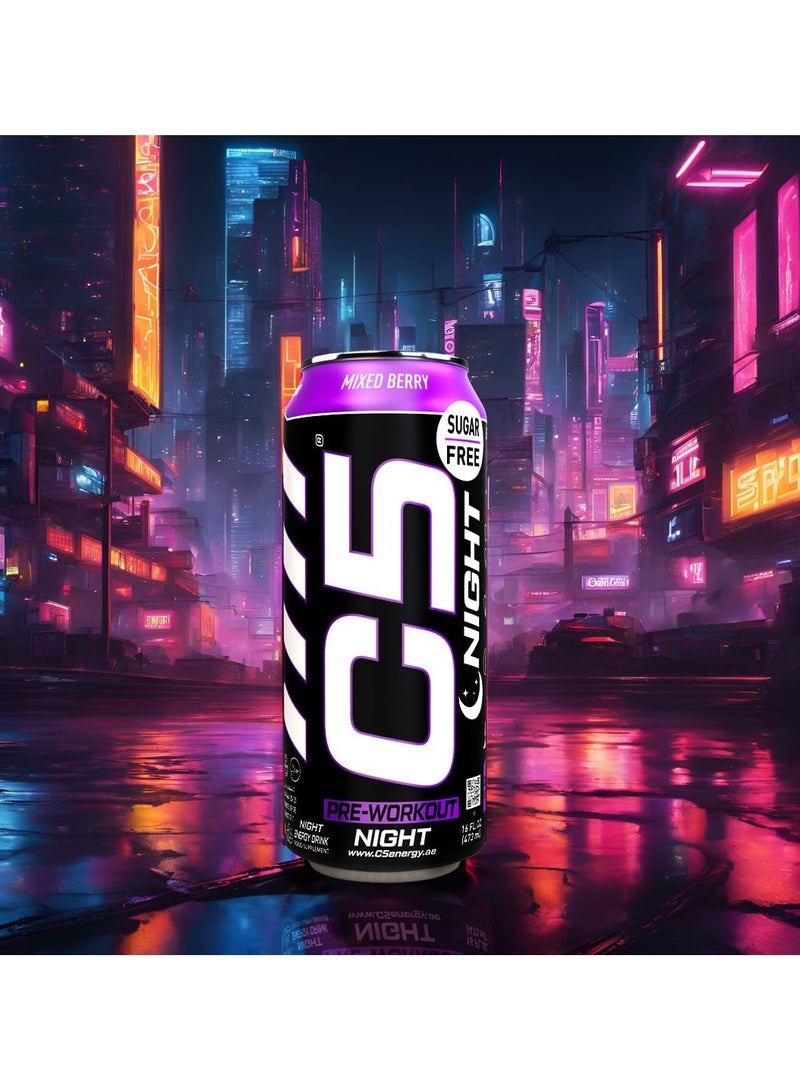 C5 Energy Drink Night Mixed Berry, Pre Workout, Zero Caffeine, Sugar Free, Zero Calories with Beta Alanine, L-Arginine 16fl.OZ, 473ml Caffeine Free Preworkout Pack of 12
