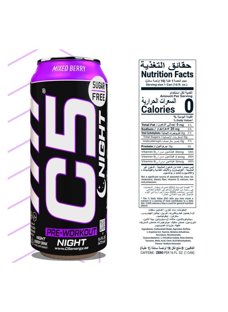 C5 Energy Drink Night Mixed Berry, Pre Workout, Zero Caffeine, Sugar Free, Zero Calories with Beta Alanine, L-Arginine 16fl.OZ, 473ml Caffeine Free Preworkout Pack of 12