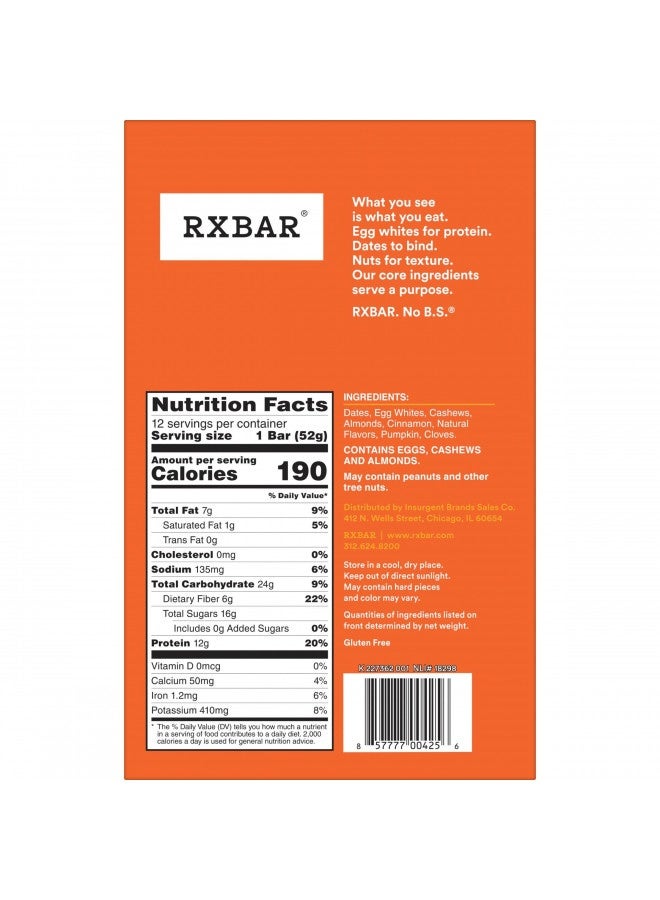 RXBAR Protein Bars, 12g Protein, Gluten Free Snacks, Pumpkin Spice, 22oz Box (12 Bars)