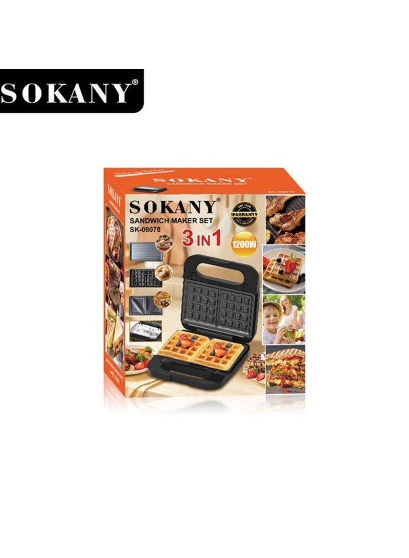 Multimaker 3 in 1 SOKANY SK-08078 waffle maker for Belgian waffles, sandwich maker 1200W Black