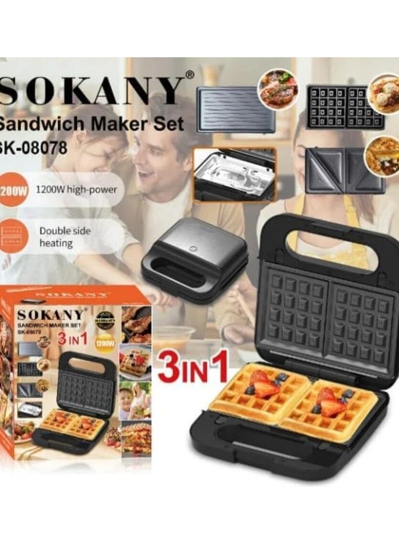 Multimaker 3 in 1 SOKANY SK-08078 waffle maker for Belgian waffles, sandwich maker 1200W Black