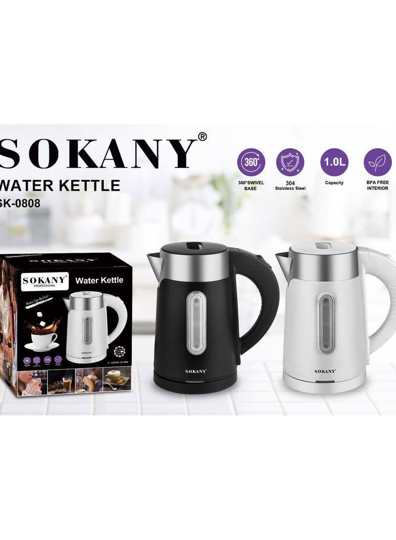 Sokany Electric Kettle 1 Liter, 1200 Watt, Black- SK-0808