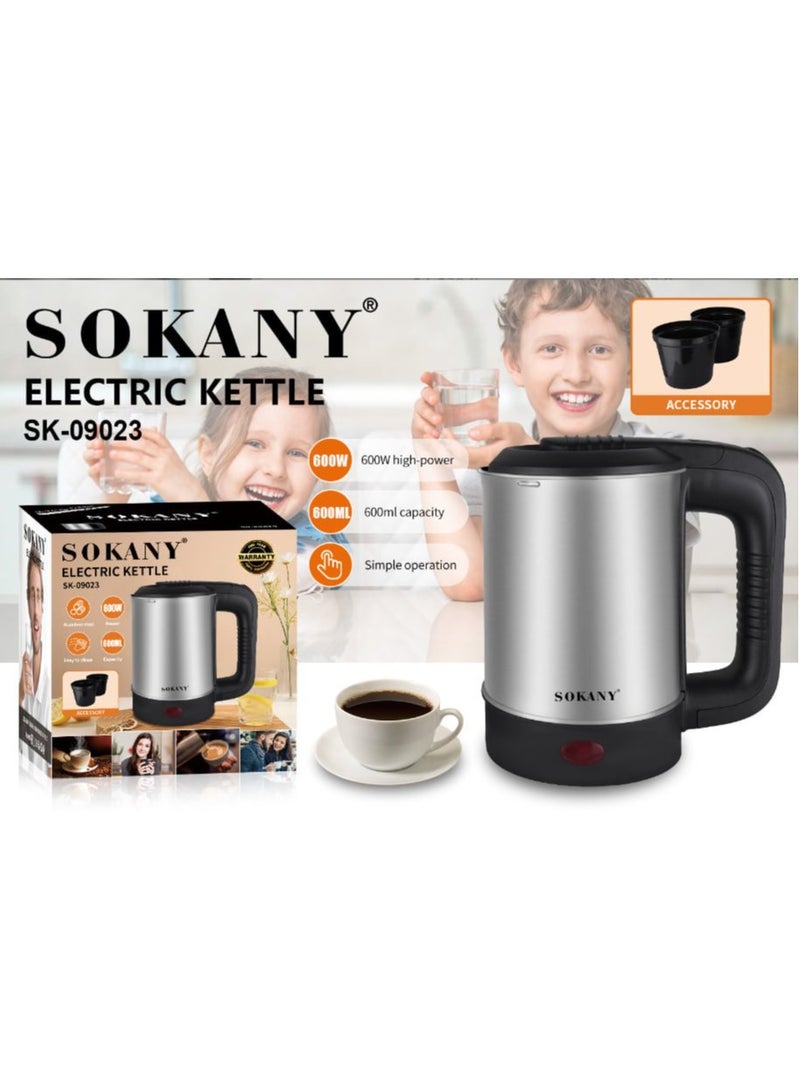 Sokany Electric Kettle - 600ml - 600 Watt, Stainless Steel Body - Sk-09023