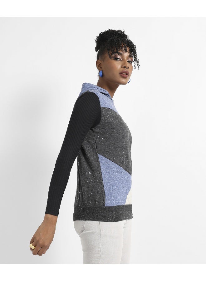 Women's Multicolour Colourblock Hoodie With Ribbed Sleeves