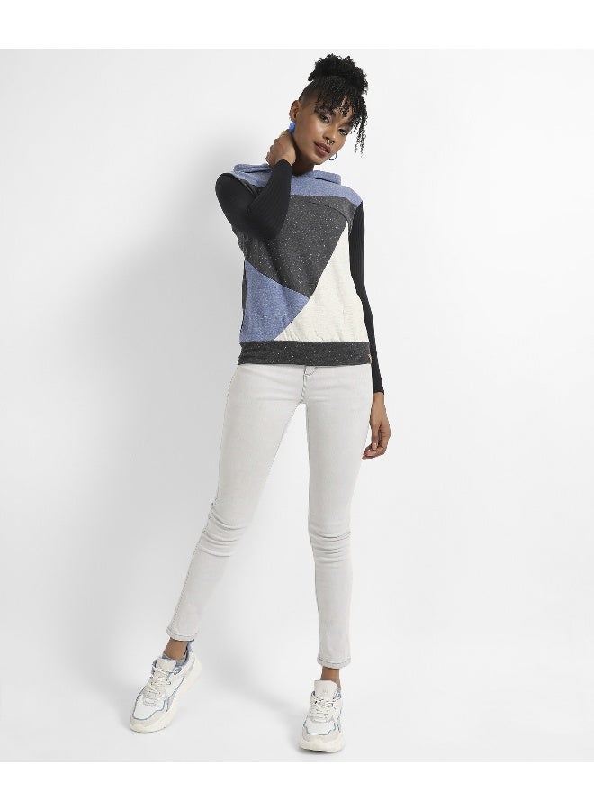 Women's Multicolour Colourblock Hoodie With Ribbed Sleeves