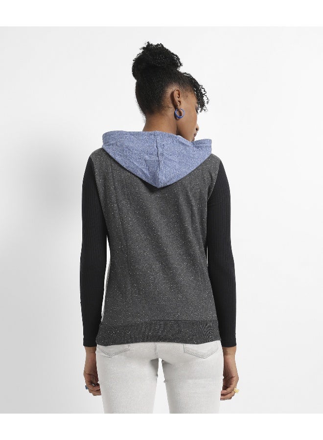 Women's Multicolour Colourblock Hoodie With Ribbed Sleeves