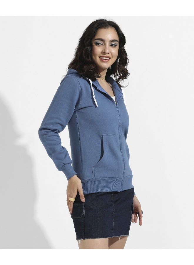 Women's Royal Blue Zip-Front Hoodie With Contrast Drawstring