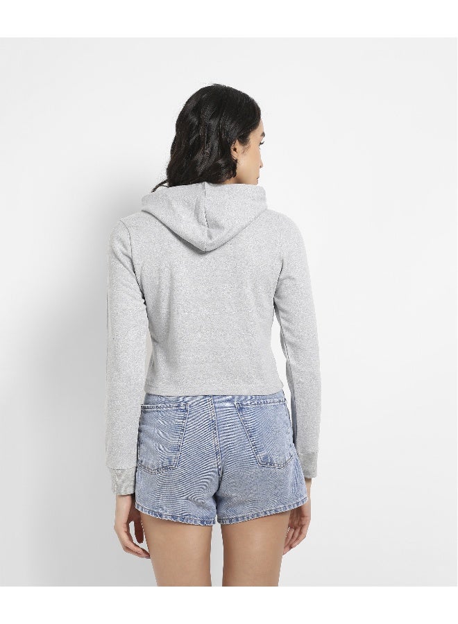 Women's Light Grey Pullover Hoodie With Contrast Drawstrings