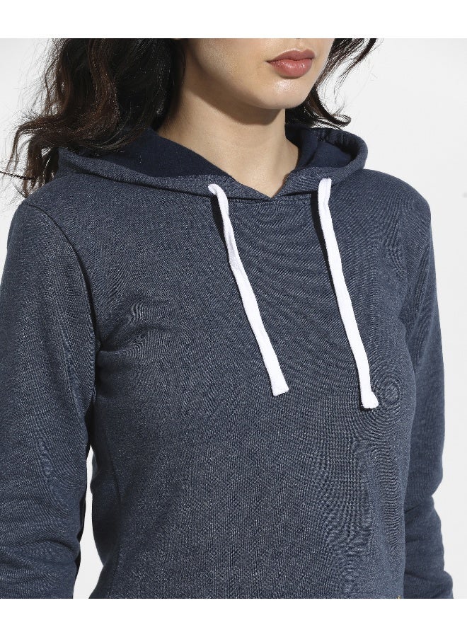 Women's Prussian Blue Cropped Pullover Hoodie With Contrast Drawstring