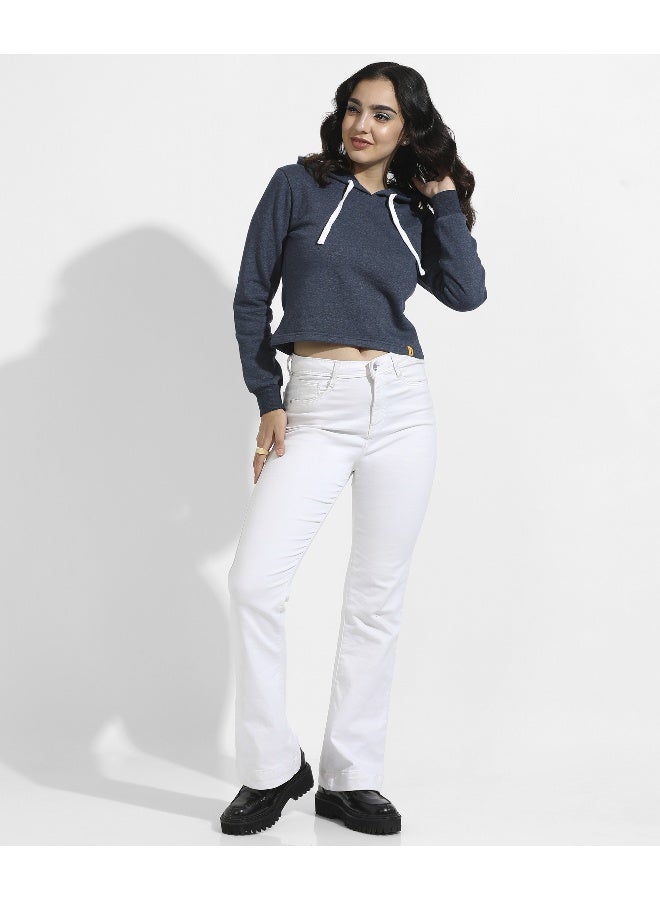 Women's Prussian Blue Cropped Pullover Hoodie With Contrast Drawstring