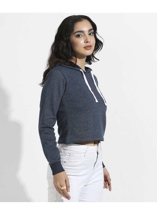 Women's Prussian Blue Cropped Pullover Hoodie With Contrast Drawstring