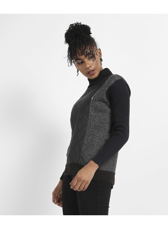 Women's Black Pullover Sweatshirt With Quilted Details