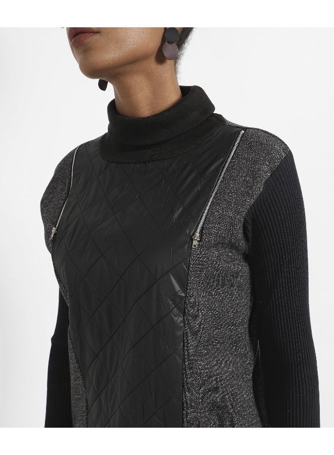 Women's Black Pullover Sweatshirt With Quilted Details