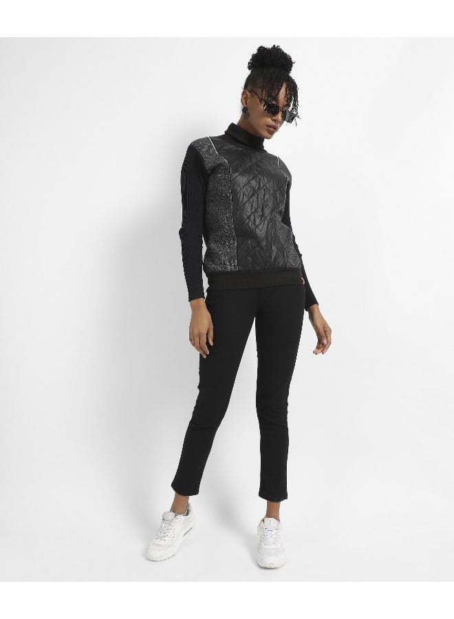 Women's Black Pullover Sweatshirt With Quilted Details