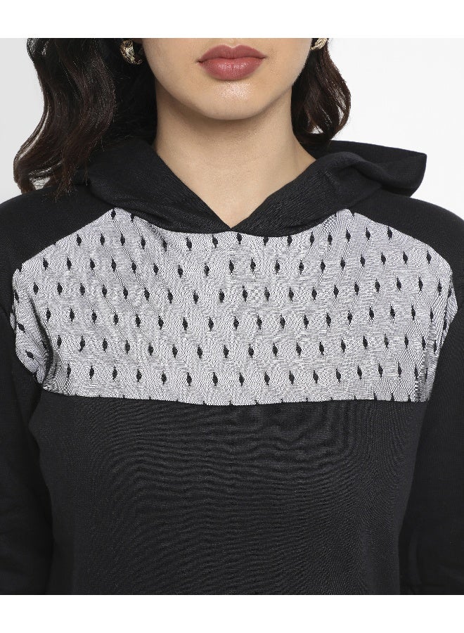 Women's Black Pullover Hoodie With Mesh Details