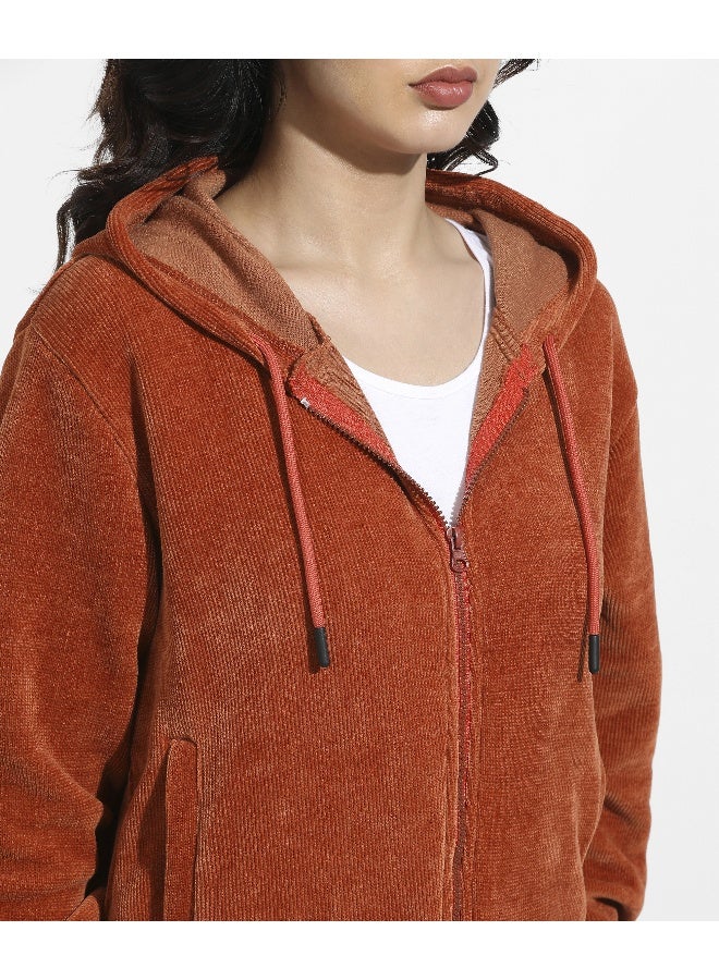 Women's Orange Ribbed Hoodie With Zip-Closure