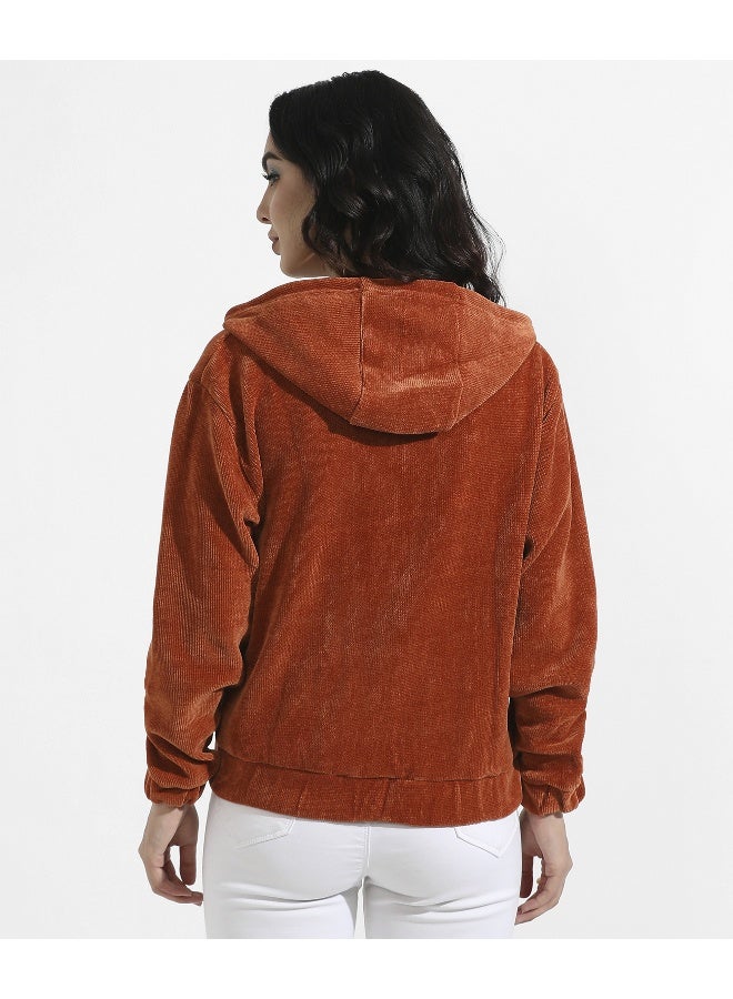 Women's Orange Ribbed Hoodie With Zip-Closure