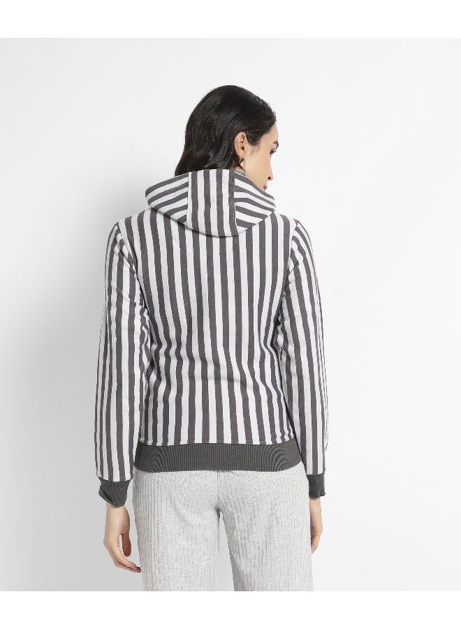 Women's Dark Grey & White Candy Striped Hoodie With Ribbed Hem