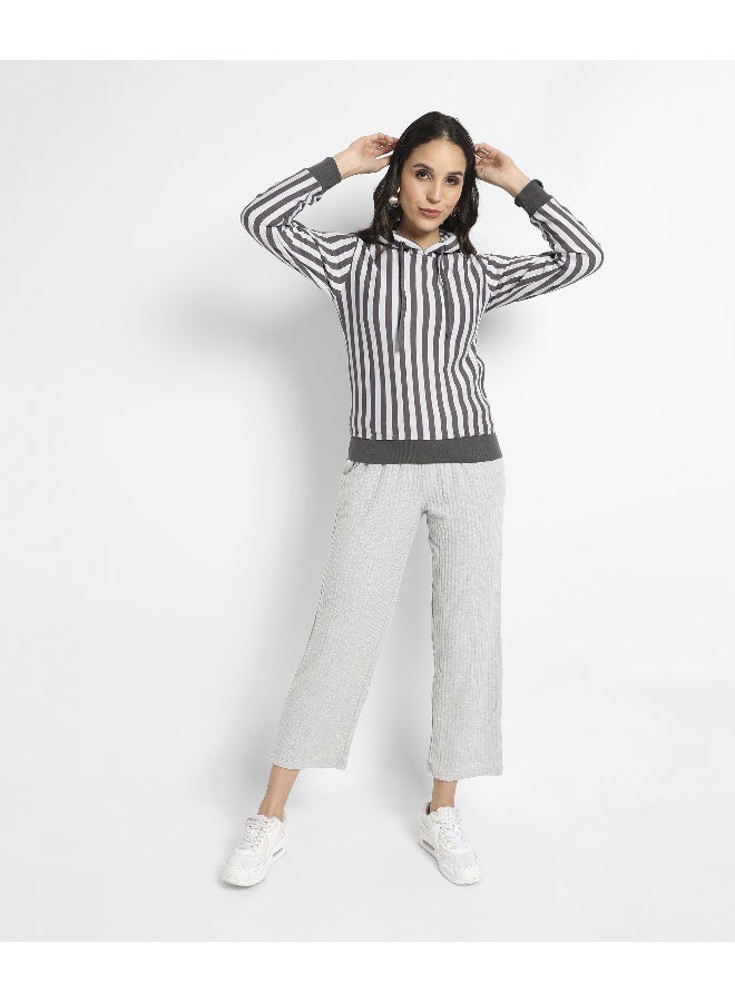 Women's Dark Grey & White Candy Striped Hoodie With Ribbed Hem