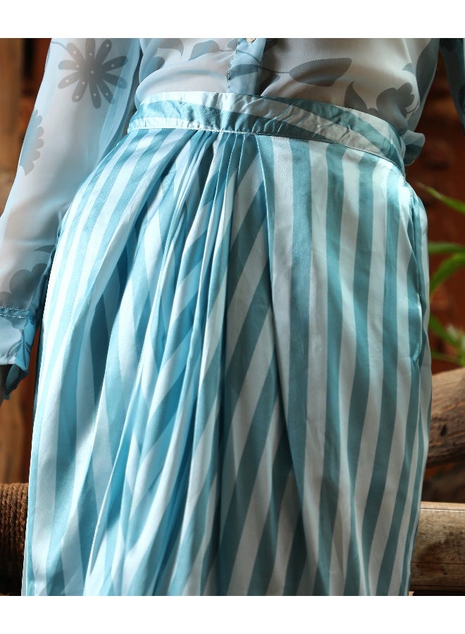 Women's Sky Blue Flora Striped Co-Ord Set