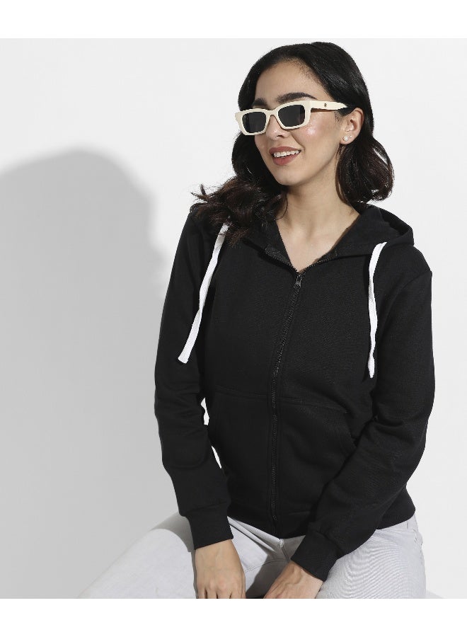 Women's Black Zip-Front Hoodie With Angled Open Pockets