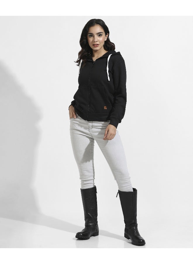 Women's Black Zip-Front Hoodie With Angled Open Pockets