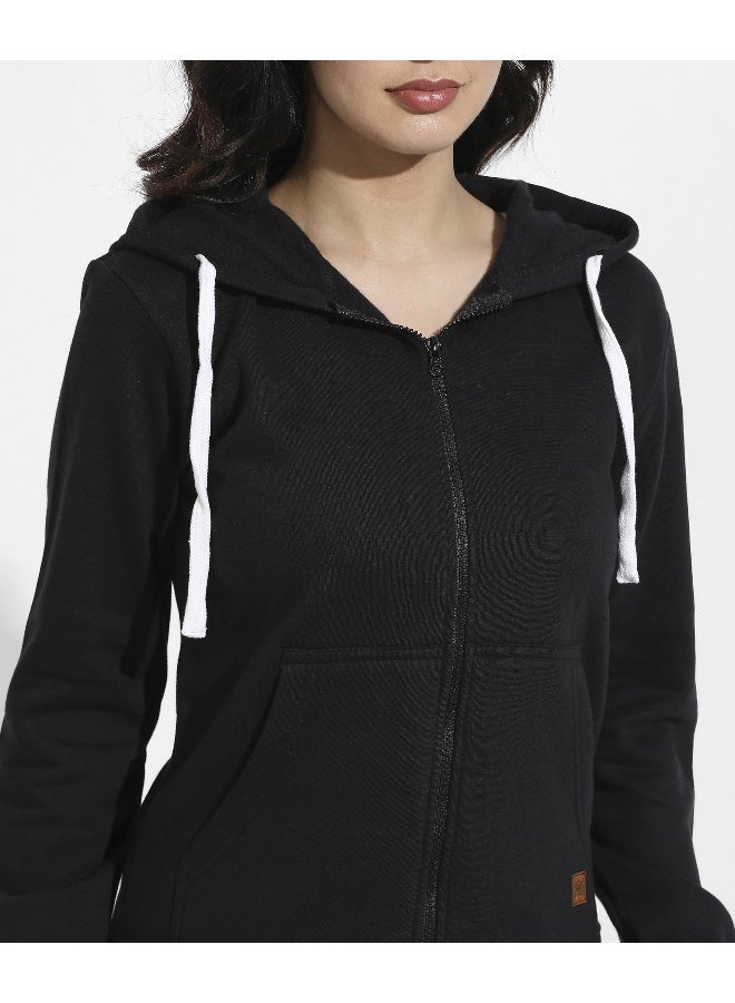 Women's Black Zip-Front Hoodie With Angled Open Pockets