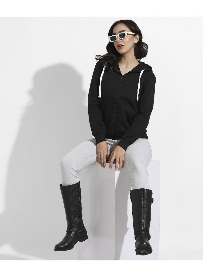 Women's Black Zip-Front Hoodie With Angled Open Pockets