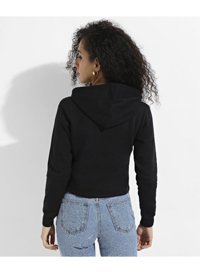 Women's Black Zip-Front Cropped Hoodie With Contrast Drawstring