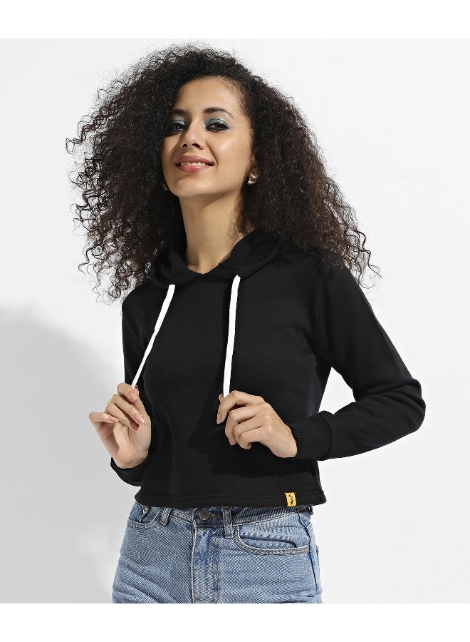 Women's Black Zip-Front Cropped Hoodie With Contrast Drawstring