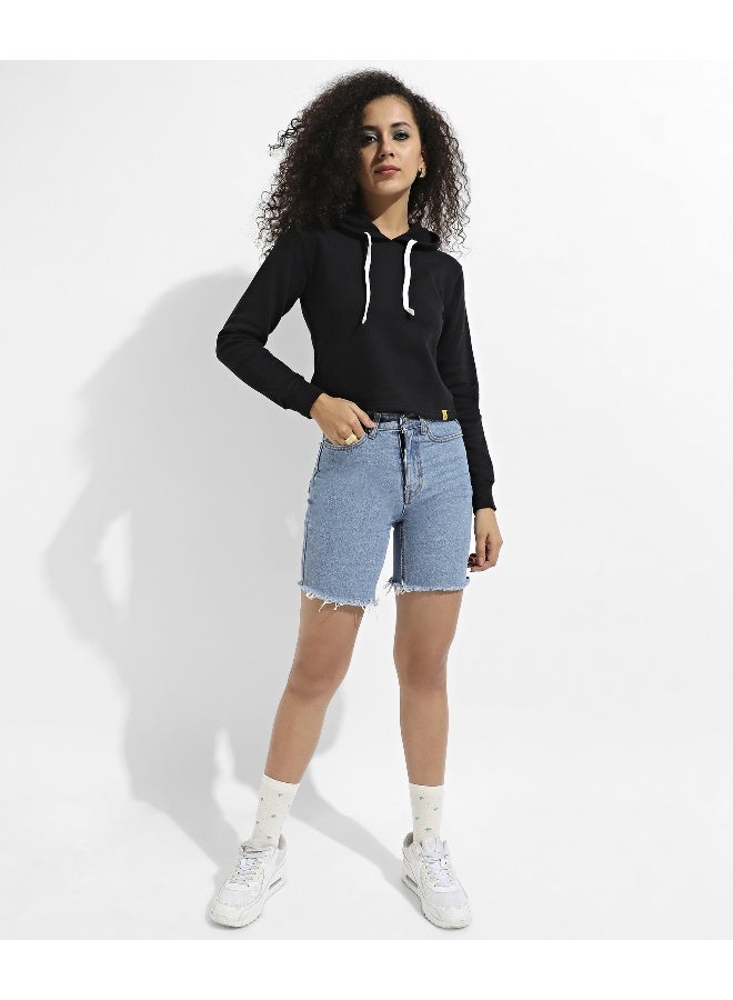 Women's Black Zip-Front Cropped Hoodie With Contrast Drawstring