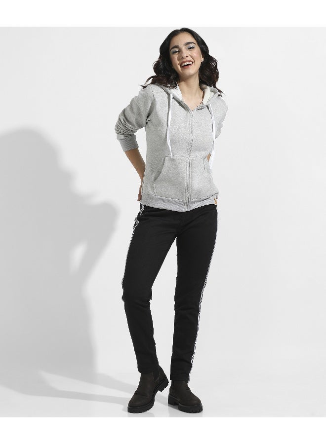 Women's Light Grey Zip-Front Hoodie With Contrast Drawstring