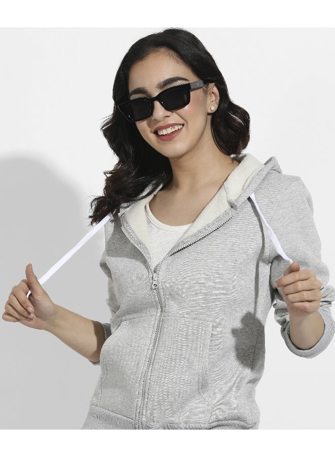 Women's Light Grey Zip-Front Hoodie With Contrast Drawstring